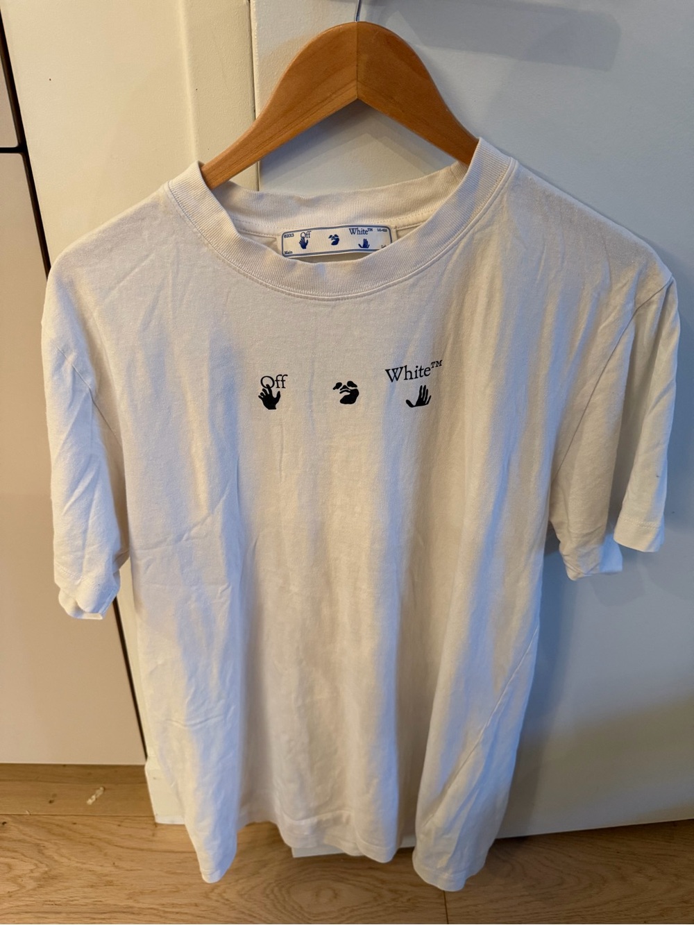 Off-White White Crewneck T-Shirt with Black Logo Hands